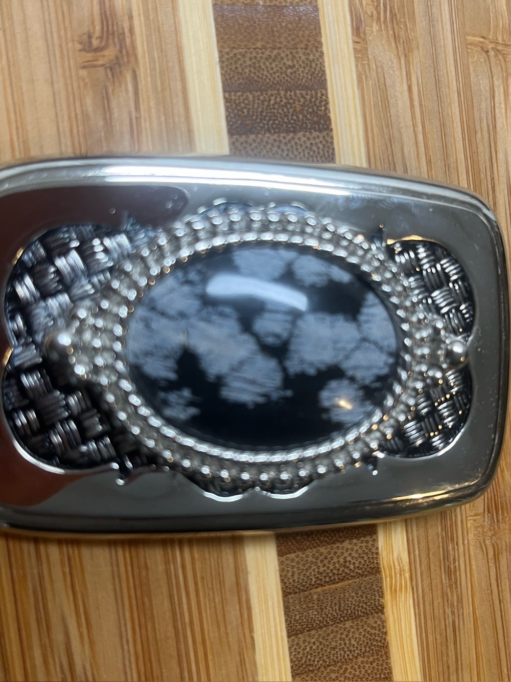 Vintage Silver Tone Western Belt Buckle with Black and Grey Stone